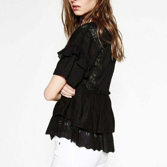Kooples Ruffle Cotton Blouse Womens XS Black Short Sleeve Embroidery Whimsigoth - Picture 5 of 6